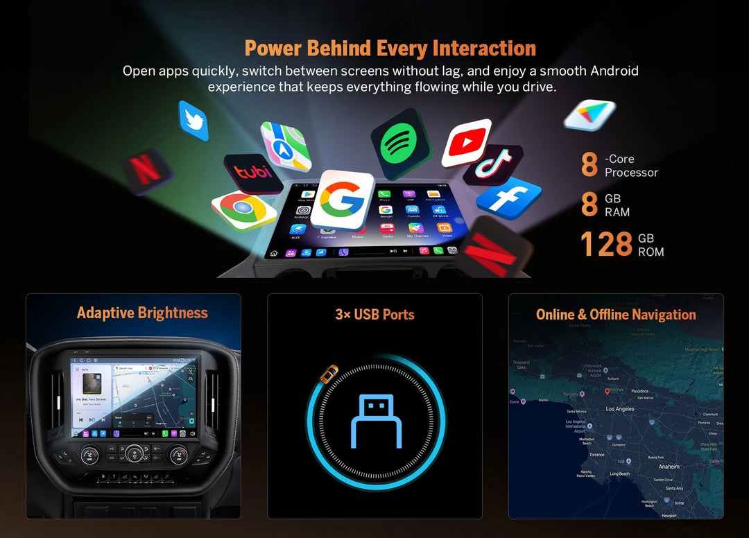 Chevy Silverado 2014-2018 CarPlay with 8-core processor, 128GB RAM, adaptive brightness, and online-offline navigation.