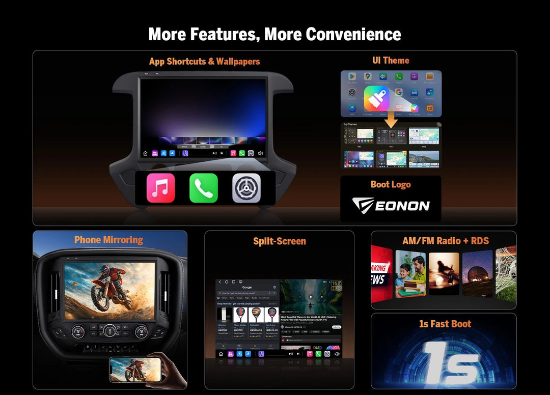 Chevy Silverado 2014-2018 CarPlay with GM2V7, screen shows home apps, music, and text.