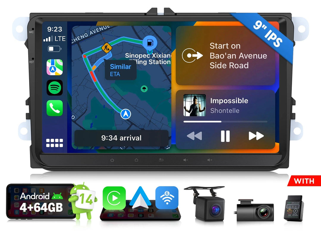 Black Android 14 car stereo with 9-inch touchscreen, showing home screen with colorful apps and navigation.