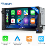 Black 7-inch QLED car stereo with side panel, showing home screen apps and EONON logo at bottom center.