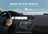 Black 7-inch QLED car stereo with built-in Apple CarPlay, Android Auto, and Google navigation system.