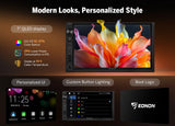 Black 7-inch QLED wireless CarPlay Android Auto radio with orange-yellow floral display, boot logo, and branded UI.