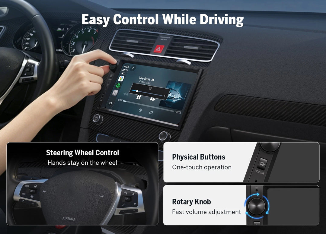 Hand controlling 7-inch QLED wireless CarPlay with visible steering wheel, buttons, and black rotary knob.