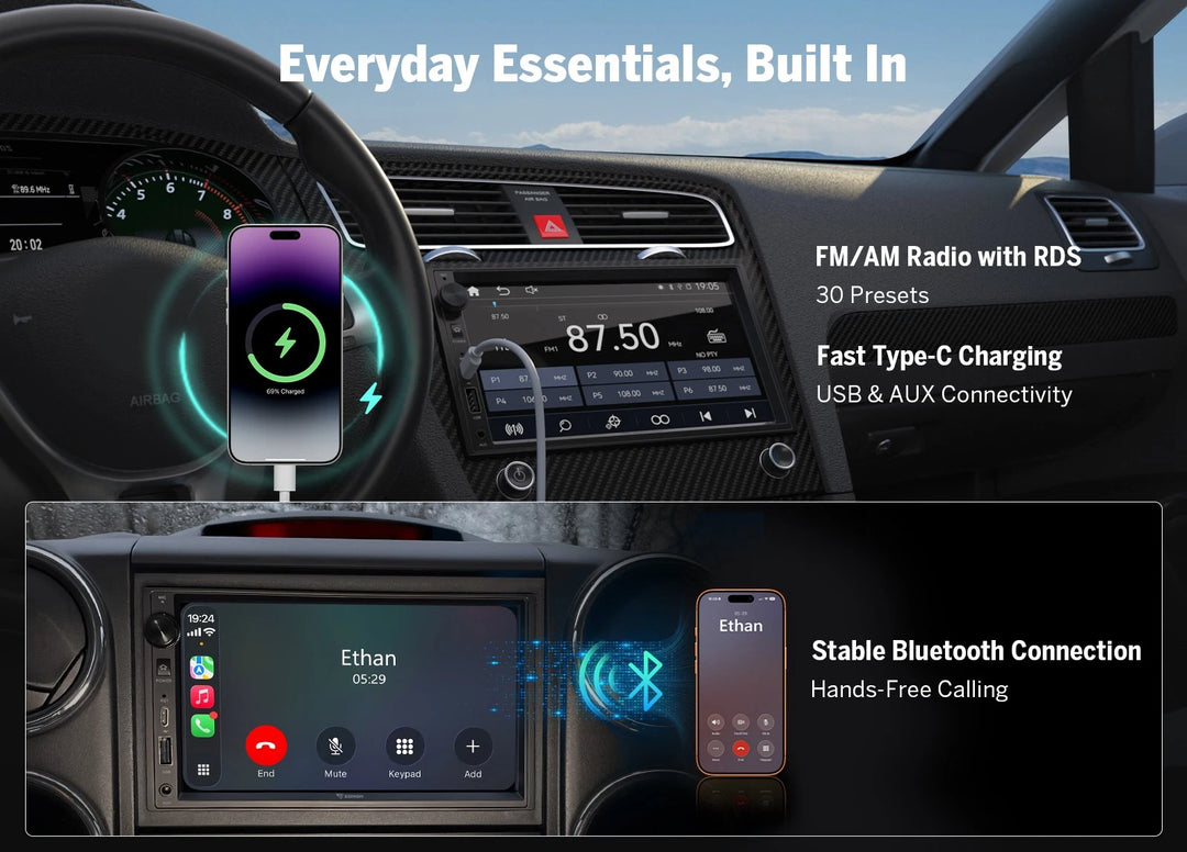 Black Double DIN 7-inch QLED car stereo with built-in wireless CarPlay and Android Auto, showing dashboard integration.