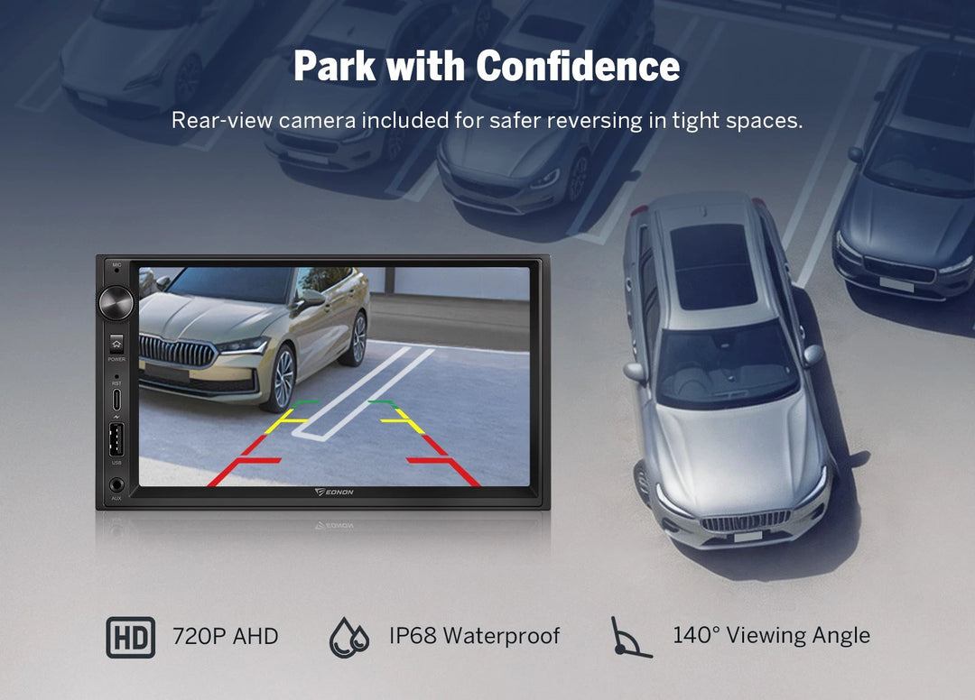 Black 7-inch QLED car stereo with rear-view camera, red line guidance, and silver car icon on front panel.