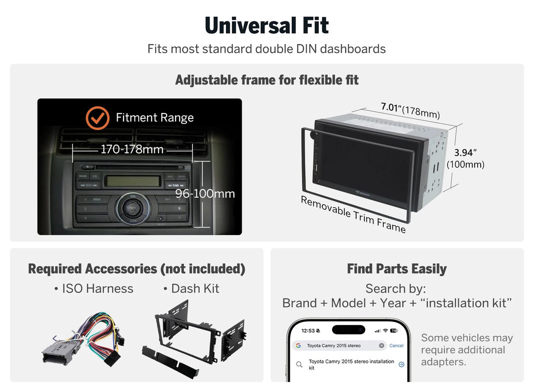 Black Double DIN 7-inch QLED wireless CarPlay Android Auto stereo with adjustable trim frame and necessary accessories.