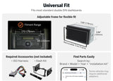Black Double DIN 7-inch QLED wireless CarPlay Android Auto stereo with adjustable trim frame and necessary accessories.