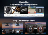 Black Eonon GMX6S PRO 8+128 Android 13 car stereo with built-in backup camera, shown on a mountain road.