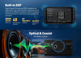 Black Eonon GMX6S PRO 8+128 Android 13 car stereo with built-in DSP, optical & coaxial HD audio output, and branded speakers.