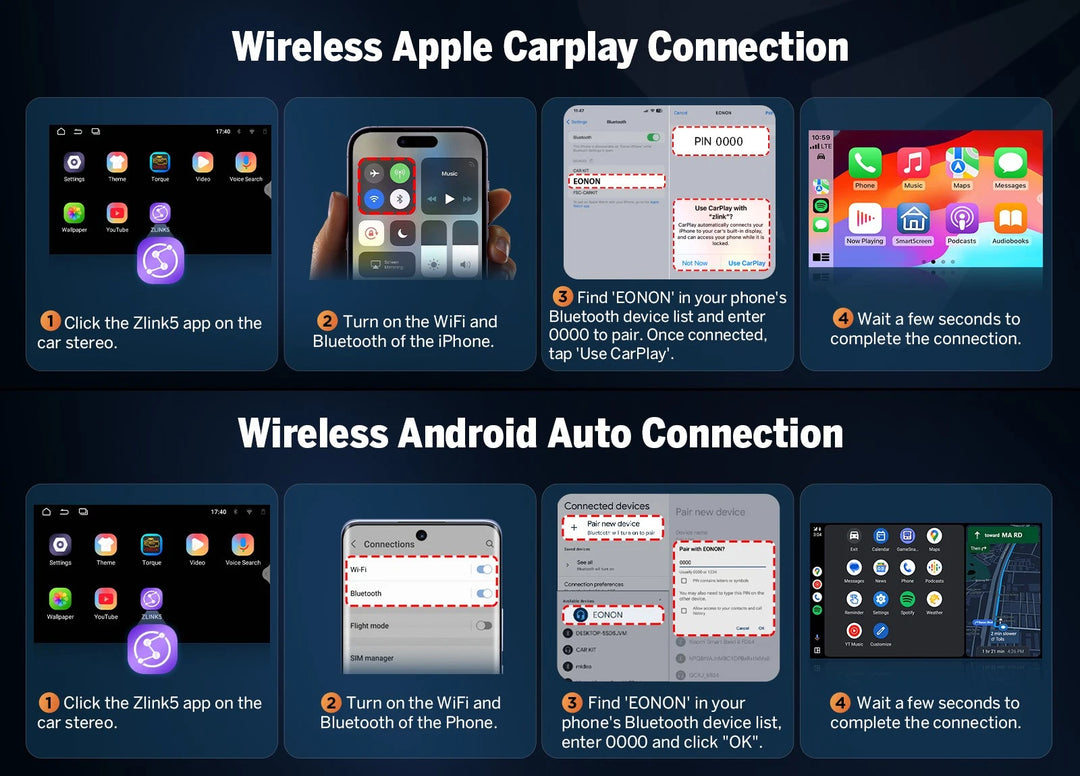 Eonon GMX6S PRO 8+128 Android 13 car stereo with wireless Apple CarPlay and Android Auto connections.
