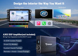 Black Eonon GMX6S PRO 8+128 Android 13 car stereo with boot logo, wallpaper, and 4x50W golden power amplifier.