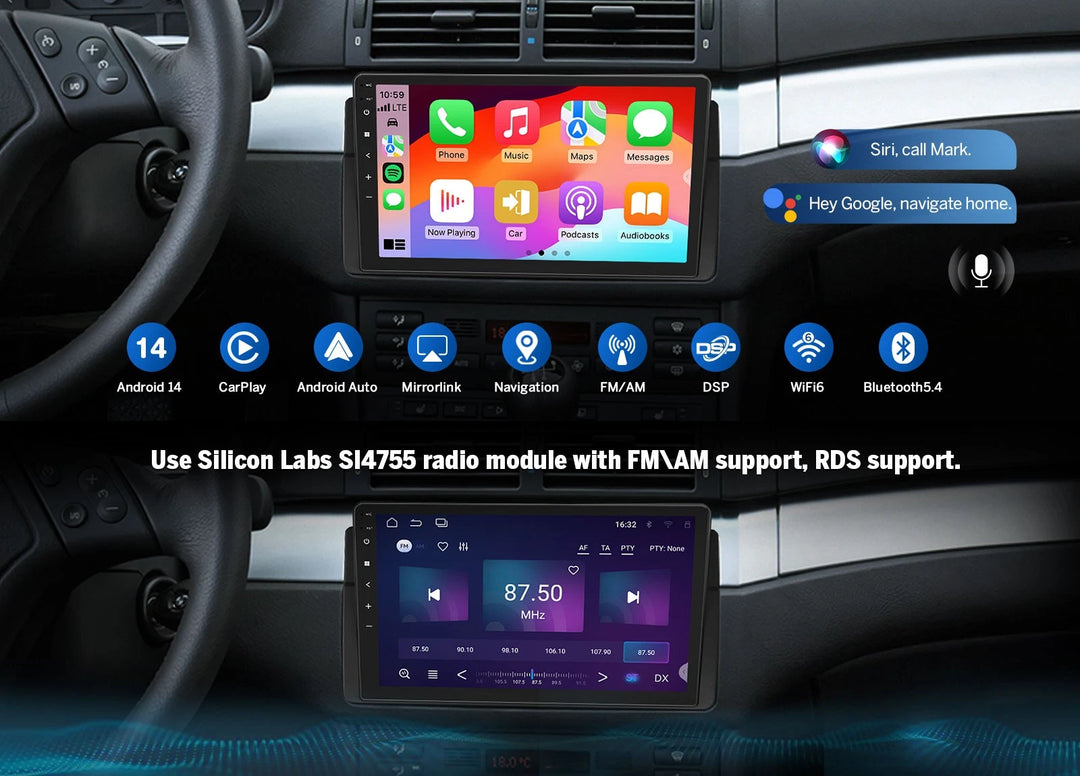 Black BMW E46 330i 328i car radio with Android 14, side panel, navigation, FM/AM, Bluetooth, and dual rear cameras.