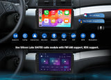 Black BMW E46 330i 328i car radio with Android 14, side panel, navigation, FM/AM, Bluetooth, and dual rear cameras.