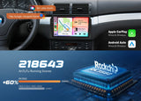 Black BMW E46 330i 328i car radio with Apple CarPlay, Android Auto, and Rockchip RK3562 chip box.