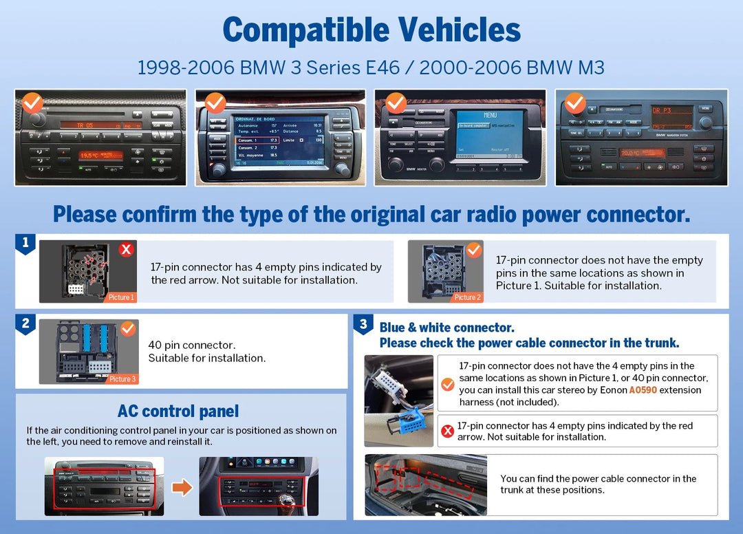 Eonon E46X7A Android 14 car radio with 9-inch screen, blue and white control panel, and gold wiring diagram.