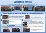 Eonon E46X7A Android 14 car radio with 9-inch screen, blue and white control panel, and gold wiring diagram.