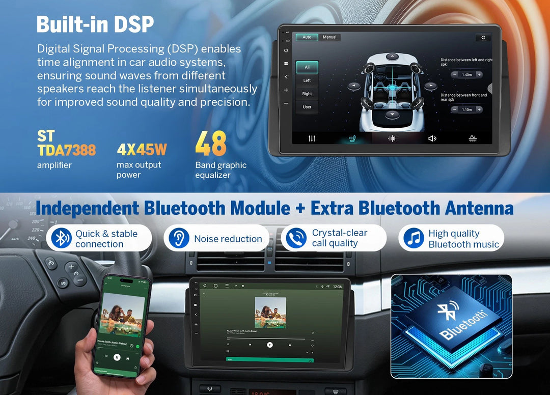 Black Eonon E46X7A Android 14 car radio with 9-inch screen, Bluetooth module, and dual rear cameras.