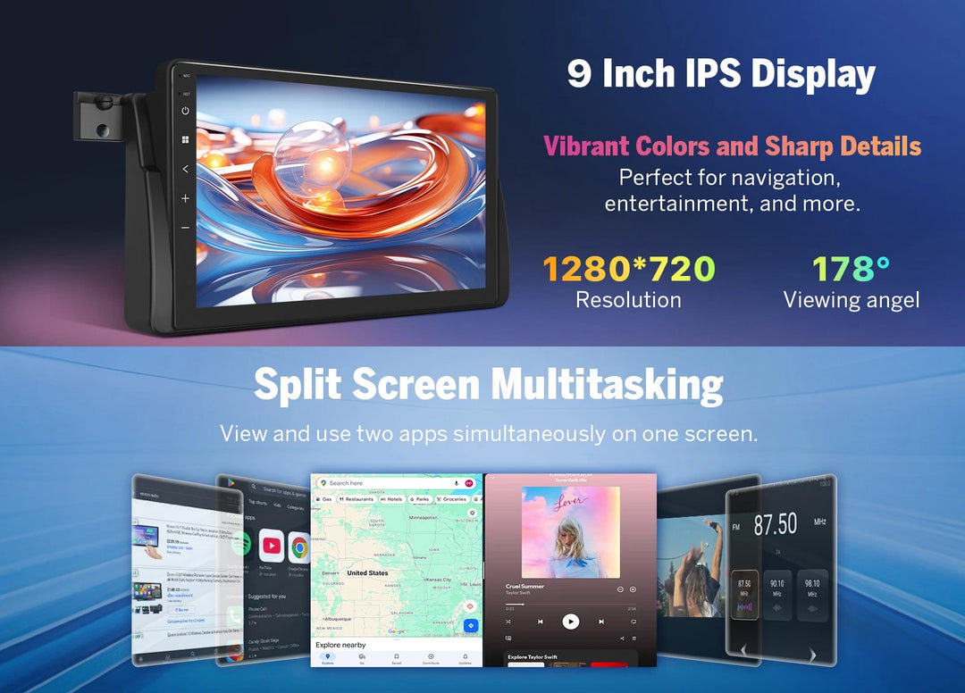 Black Eonon E46X7A Android 14 car radio with 9-inch IPS display, split screen multitasking, and labeled buttons.