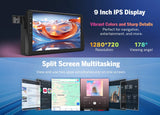 Black Eonon E46X7A Android 14 car radio with 9-inch IPS display, split screen multitasking, and labeled buttons.
