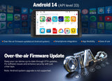 Black Eonon E46X7A Android 14 box with 9-inch screen, showing home apps and OTA update text on blue background.