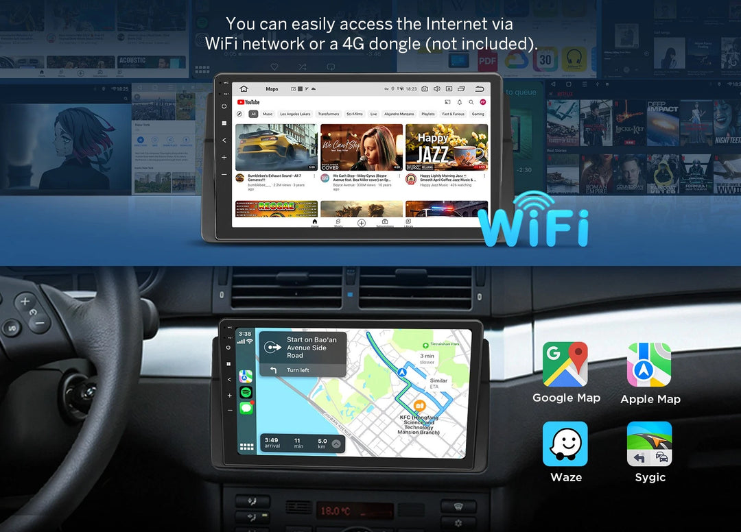 Black BMW E46 330i 328i car radio with touchscreen displaying home screen apps and Google Maps navigation.
