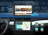 Black BMW E46 330i 328i car radio with touchscreen displaying home screen apps and Google Maps navigation.