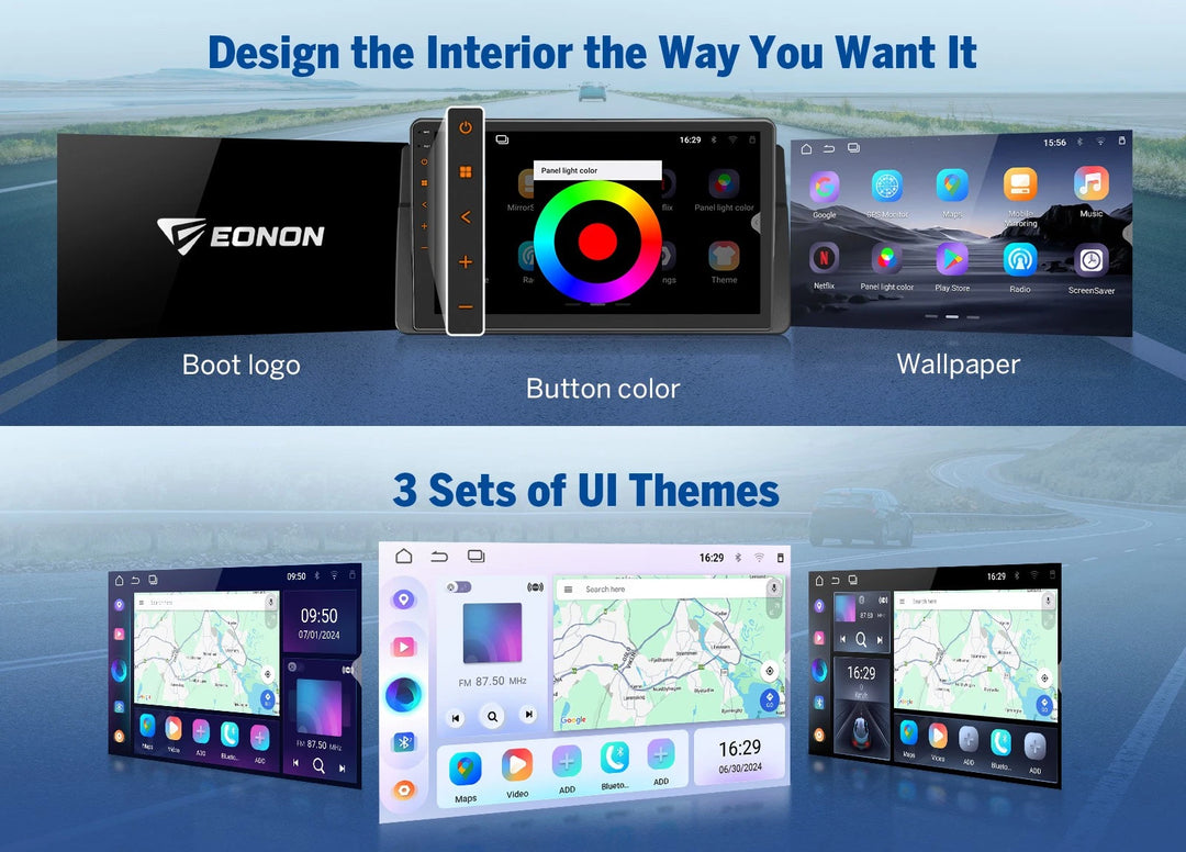 Black Eonon E46X7A Android 14 car radio with multicolor screen, button color, and three UI themes.