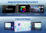 Black Eonon E46X7A Android 14 car radio with multicolor screen, button color, and three UI themes.