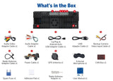 Black Eonon E46X7A Android 14 car radio with antenna, power cable, USB adapter, and accessories in a box.