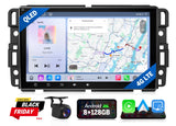 Black Eonon GMX6S PRO Android 8+128G car stereo with map, music, and apps on screen.