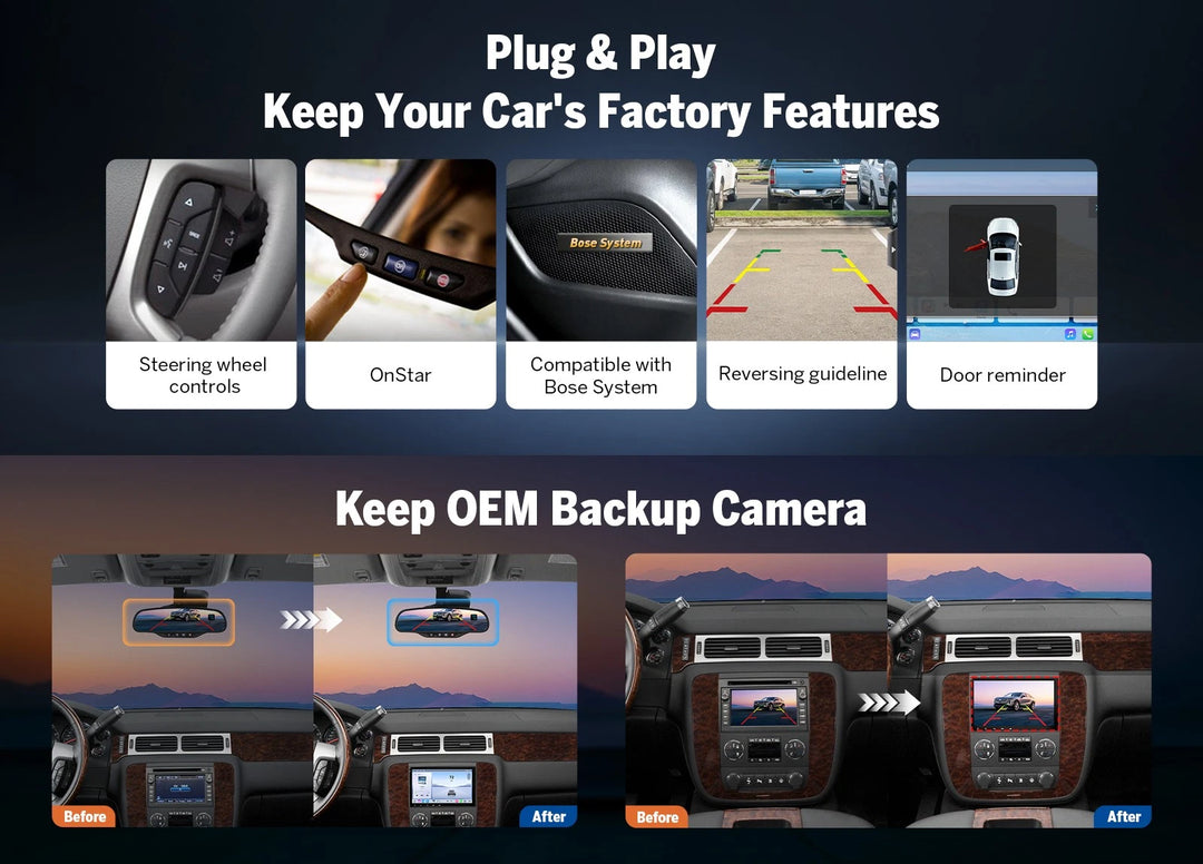 Black Eonon GMX6S PRO Android 8+128G 8-core car stereo with plug & play steering wheel, camera, and OEM backup camera.