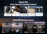 Black Eonon GMX6S PRO Android 8+128G 8-core car stereo with plug & play steering wheel, camera, and OEM backup camera.