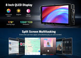 Black Eonon GMX6S PRO Android 8+128G 8-core car stereo with 8-inch QLED display, split screen multitasking, and branded buttons.