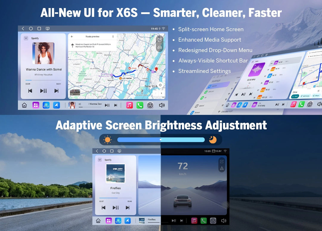 Eonon GMX6S PRO Android 8+128G 8-core car stereo with split-screen home screen, map, and media controls.