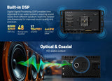 Black Eonon GMX6S PRO Android 8+128G 8-core car stereo with green wave design, built-in DSP, and dual subwoofer output.