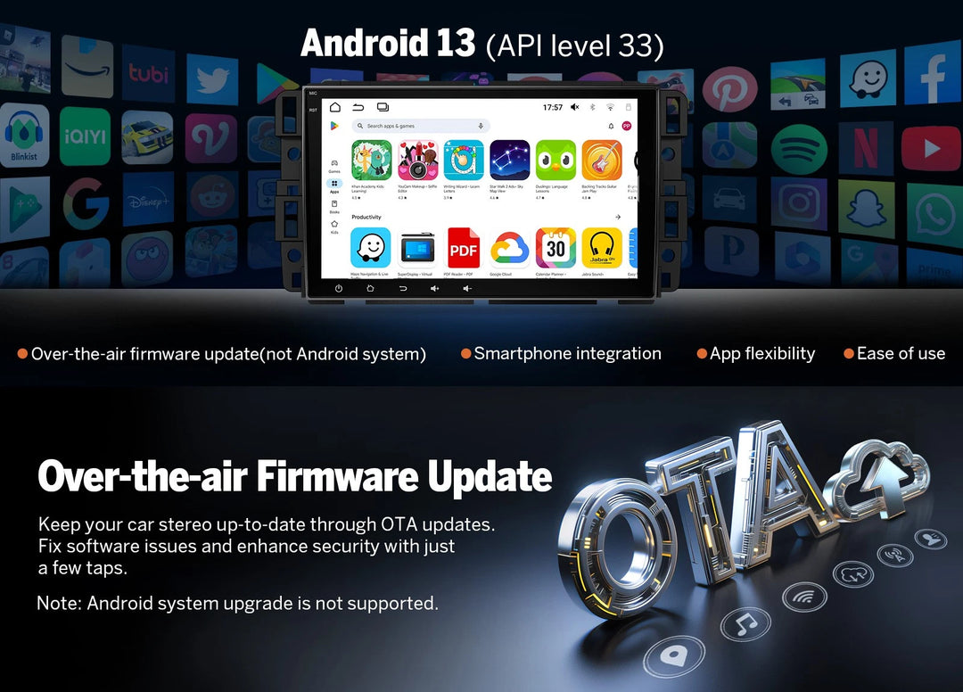 Black Eonon GMX6S PRO Android 8+128G 8-core car stereo with touchscreen displaying home apps and OTA firmware update banner.