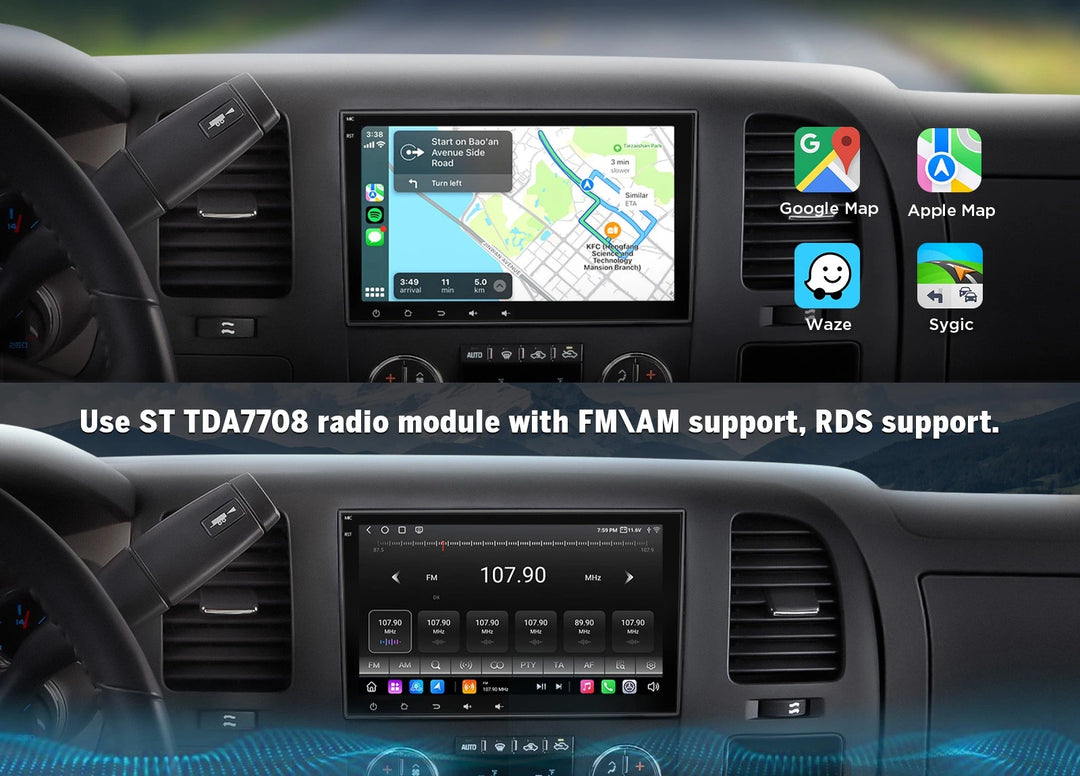 Black Eonon GMX6S PRO Android 8+128G 8-core car stereo with Google Maps, Apple Map, and Sygic app icons on car radio.
