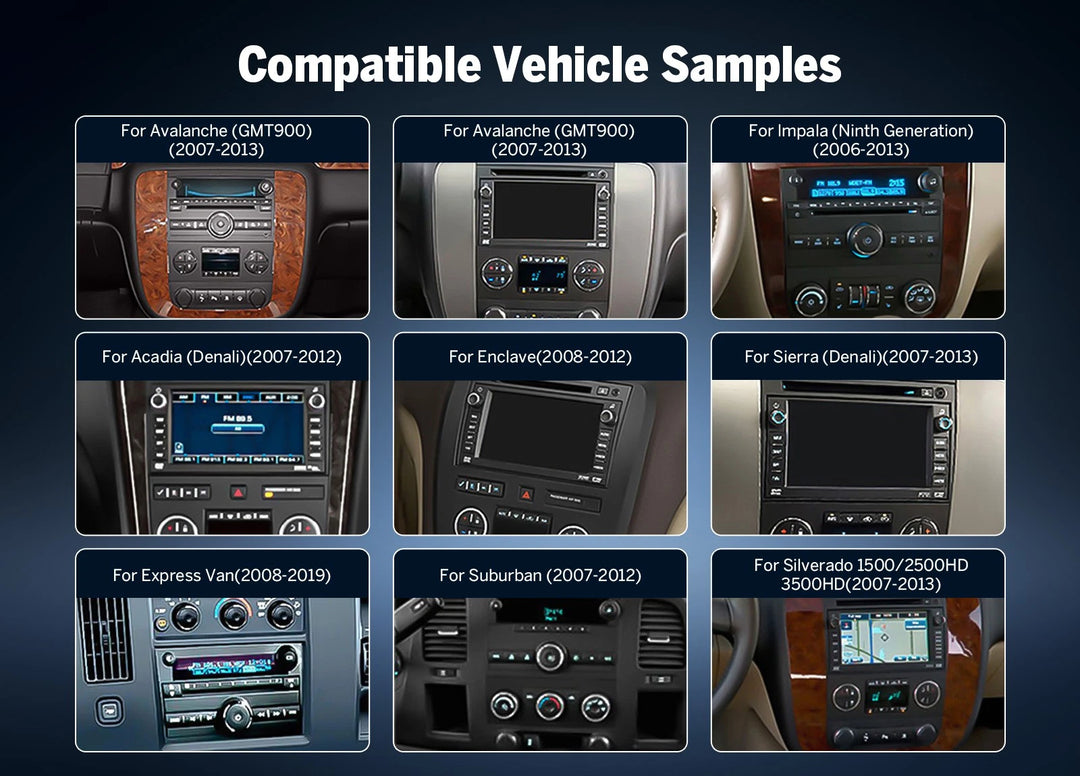 Eonon GMX6S PRO Android 8+128G 8-core car stereo GPS CarPlay for Chevy GMC Buick with compatible vehicle samples.