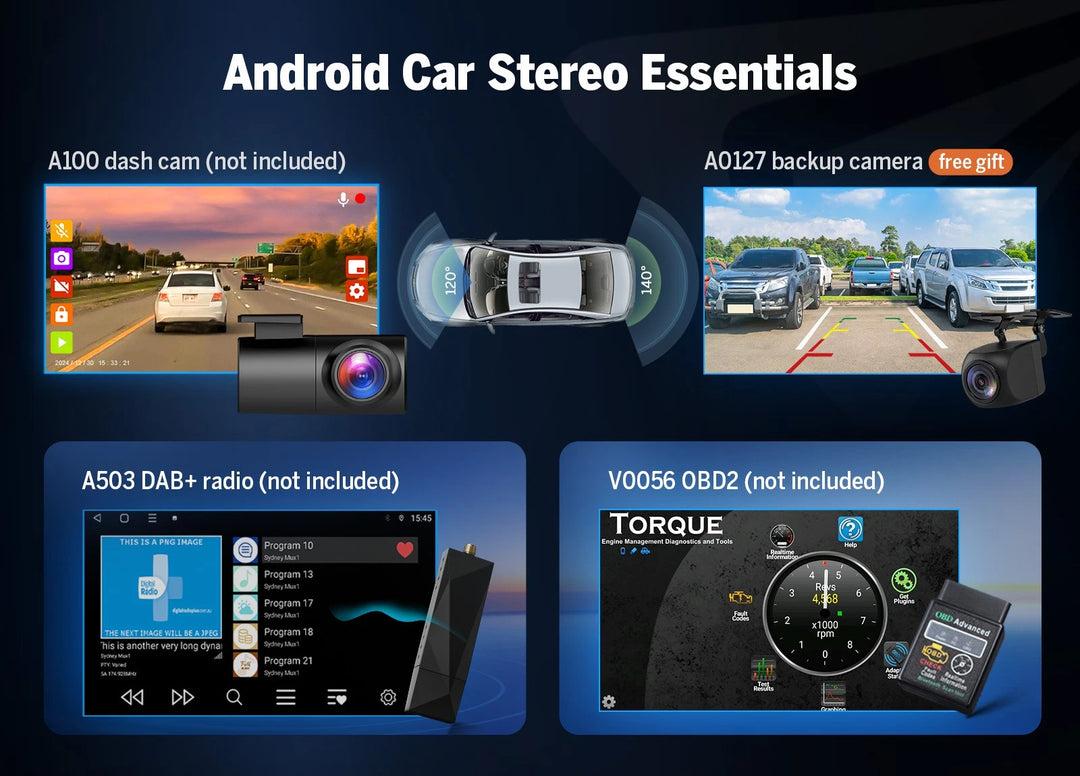 Eonon GMX6S PRO Android 8+128G 8-core car stereo with black dash camera, yellow box, and branded Torque app.