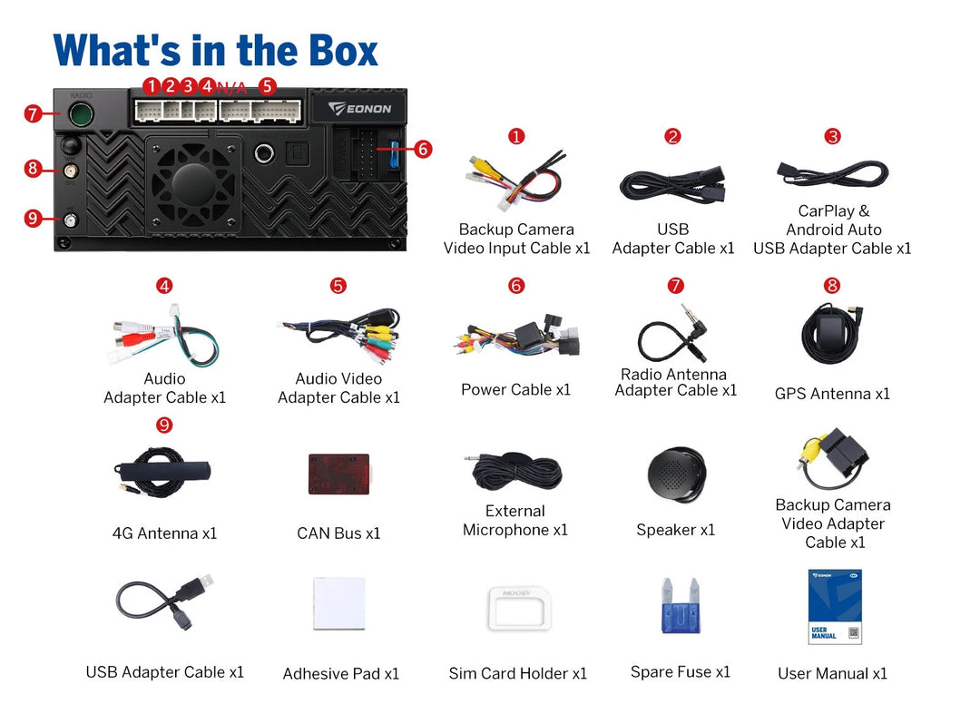 Eonon GMX6S PRO Android 8+128G 8-core car stereo with black trim, shown with adapters and accessories in a box.