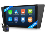 Black 9-inch Eonon E90X7A CarPlay car radio with blue screen, icons, and “4+64GB” text for BMW 3 Series.