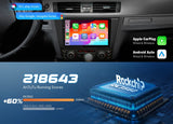 Black Eonon E90X7A CarPlay car radio with 9-inch touchscreen displaying home apps and text “218643 AntuTu Running Scores.”