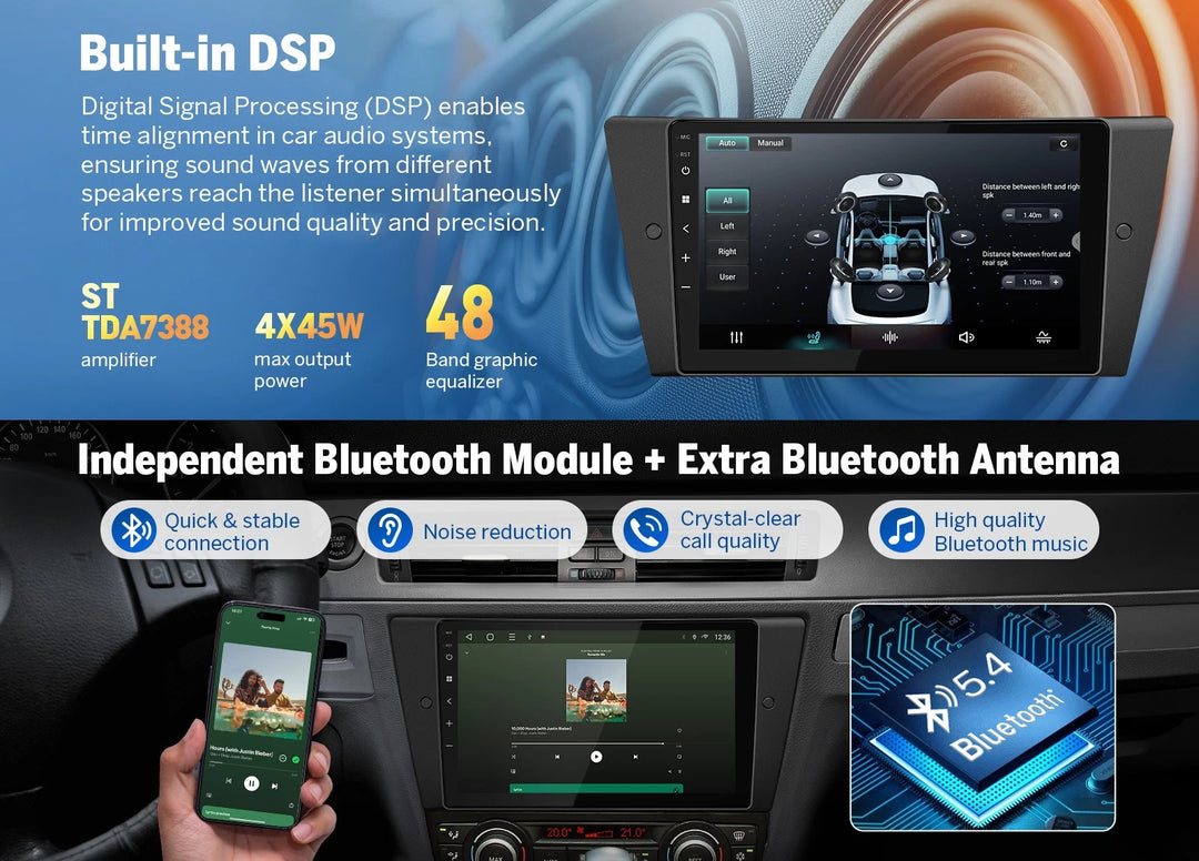 Black 9-inch Eonon E90X7A CarPlay car radio with built-in DSP, 4×64GB storage, and multiple Bluetooth antenna options.