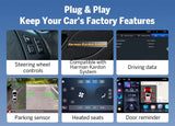 Black Eonon E90X7A CarPlay car radio with 9-inch touchscreen, steering wheel controls, and compatible with Harman Kardon System.