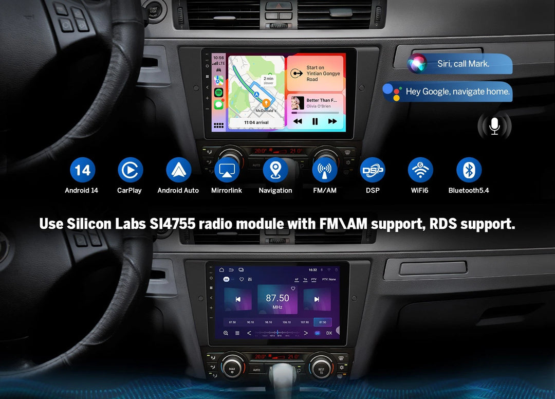 Black Eonon E90X7A CarPlay car radio with 9-inch touchscreen, Bluetooth, navigation, and “Hey Google, navigate home” text.