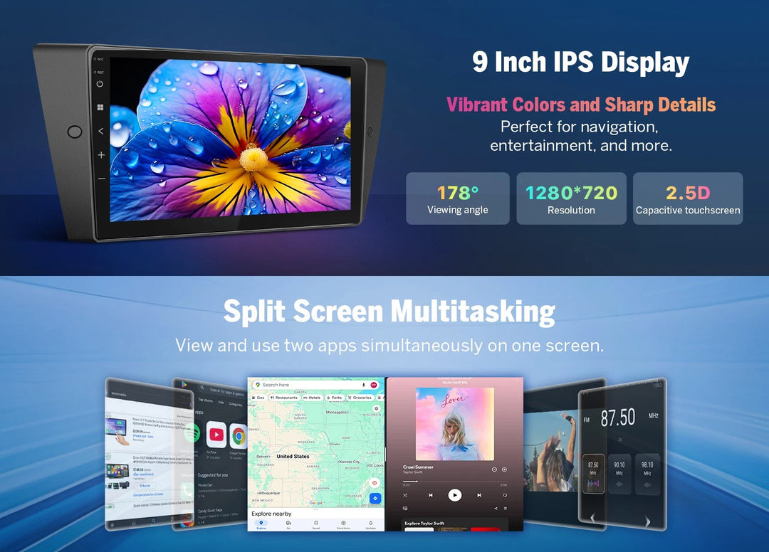 Black Eonon E90X7A CarPlay car radio with 9-inch IPS display, vibrant colors, and multitasking split screen.