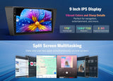 Black Eonon E90X7A CarPlay car radio with 9-inch IPS display, vibrant colors, and multitasking split screen.