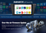 Black Eonon E90X7A CarPlay car radio with 9-inch screen, Android 14 (API level 33), and gray “Over-the-air Firmware Update” banner.