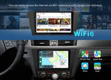 Black Eonon E90X7A CarPlay car radio with 9-inch screen, four wireless apps, and visible Wi-Fi 6 branding.