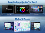Black Eonon E90X7A CarPlay car radio with 9-inch screen, multicolor theme icons, and built-in navigation system.